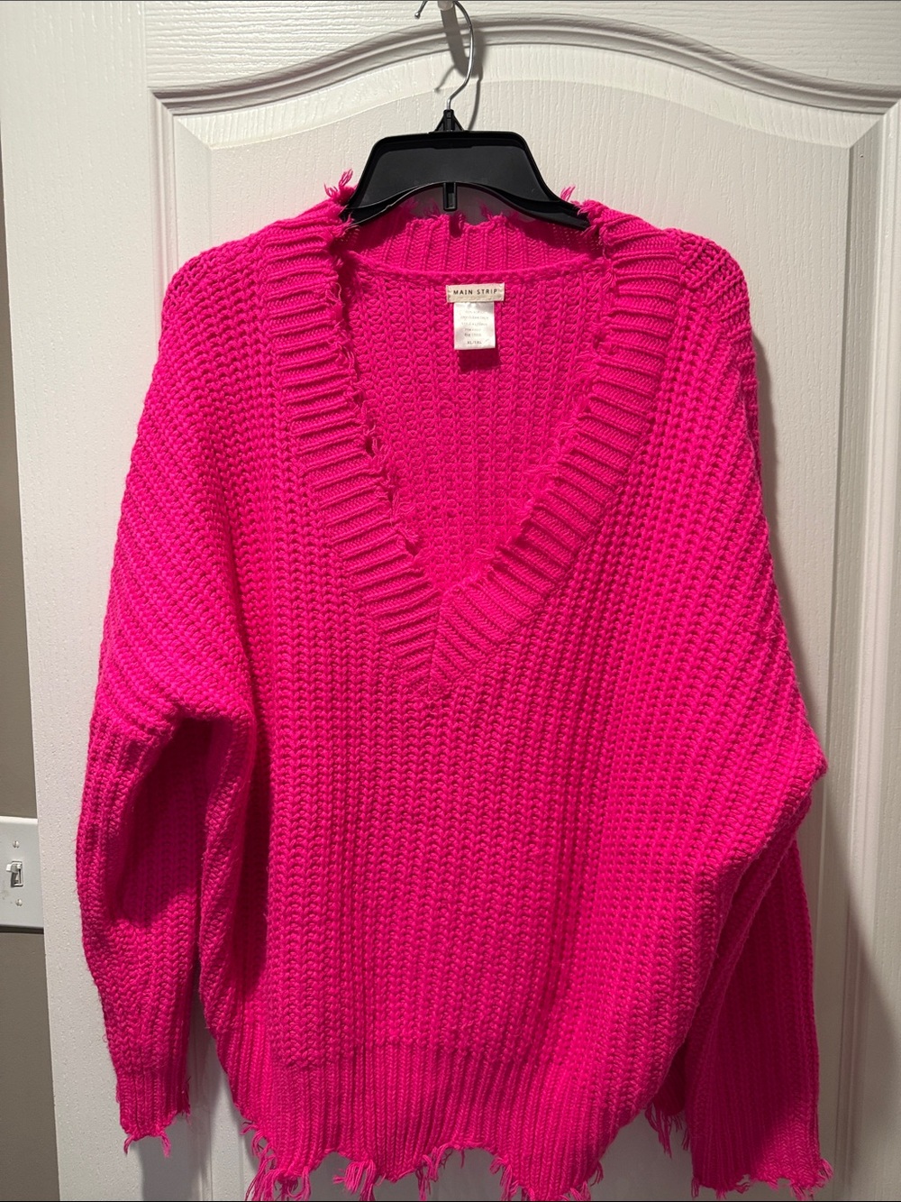 Main Strip Women's Neon Pink Distressed V-Neck Sweater